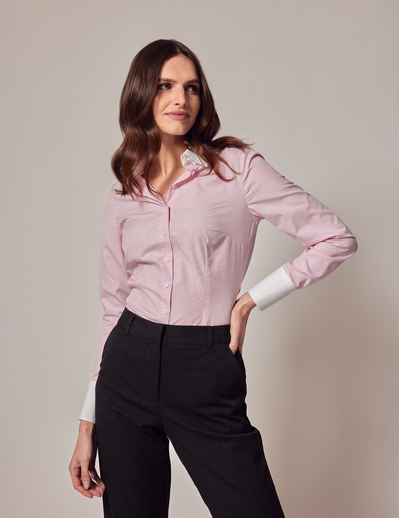 Women S Executive Pink White Pin Stripe Fitted Shirt With White