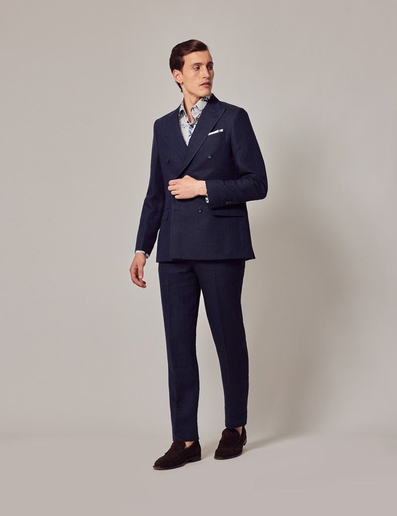 Men S Navy Herringbone Piece Linen Tailored Italian Suit