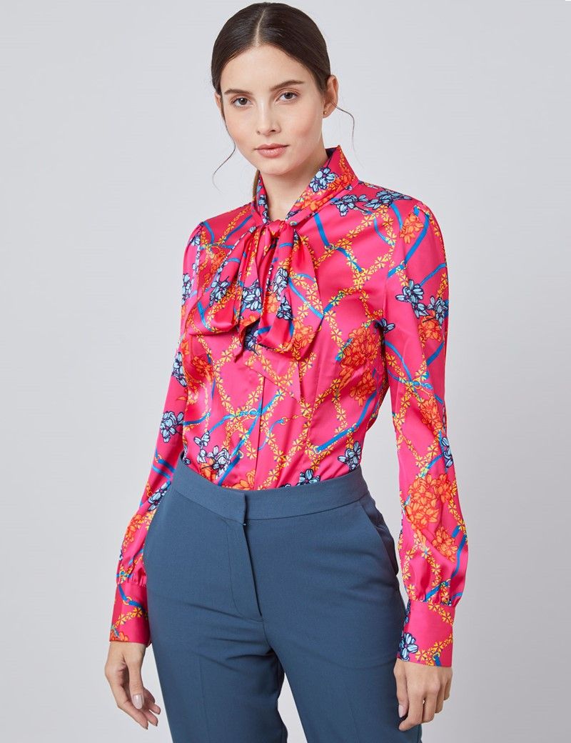 Womens Fuchsia Floral Chains Print Fitted Blouse Single Cuff Pussy