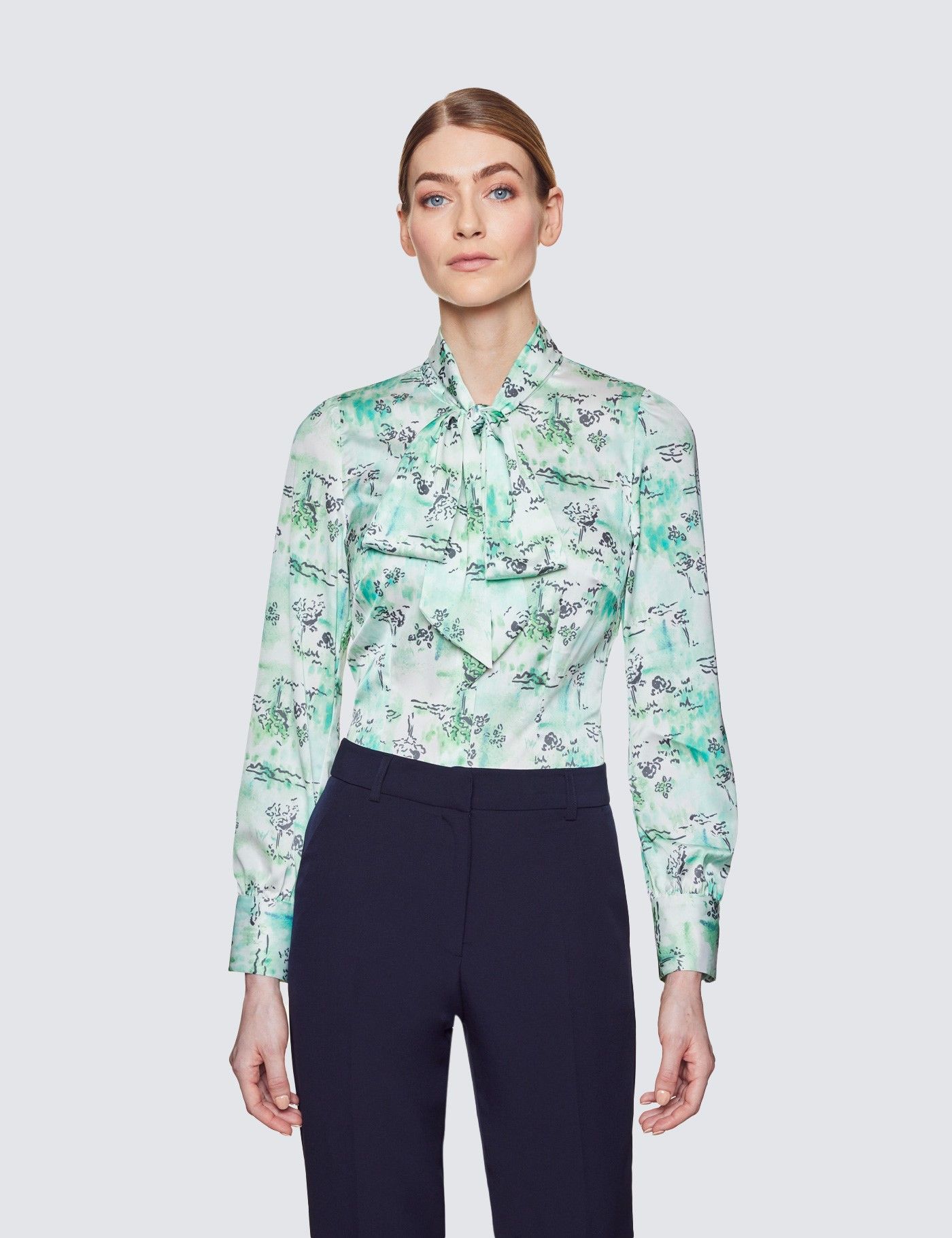 Women S White Green Floral Print Pussy Bow Blouse Hawes Curtis