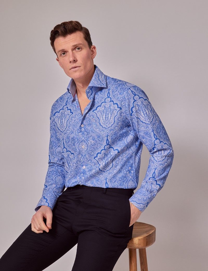 Men S Blue Paisley Jacquard Slim Shirt High Collar Hawes Curtis