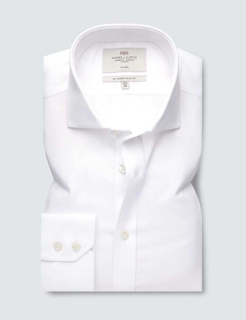 Men S Non Iron White Textured Weave Slim Shirt Windsor Collar Hawes