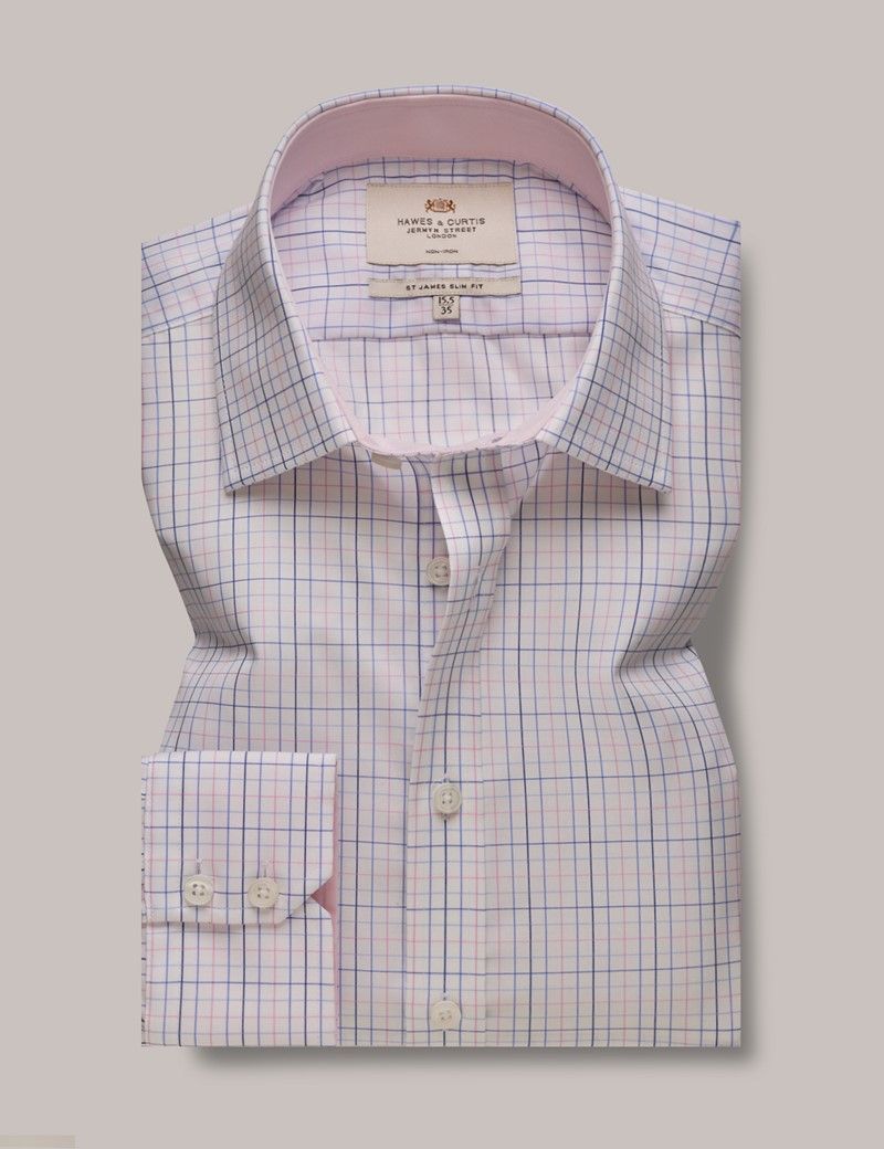 Men S Non Iron Blue Pink Multi Check Slim Shirt Contrast Detail