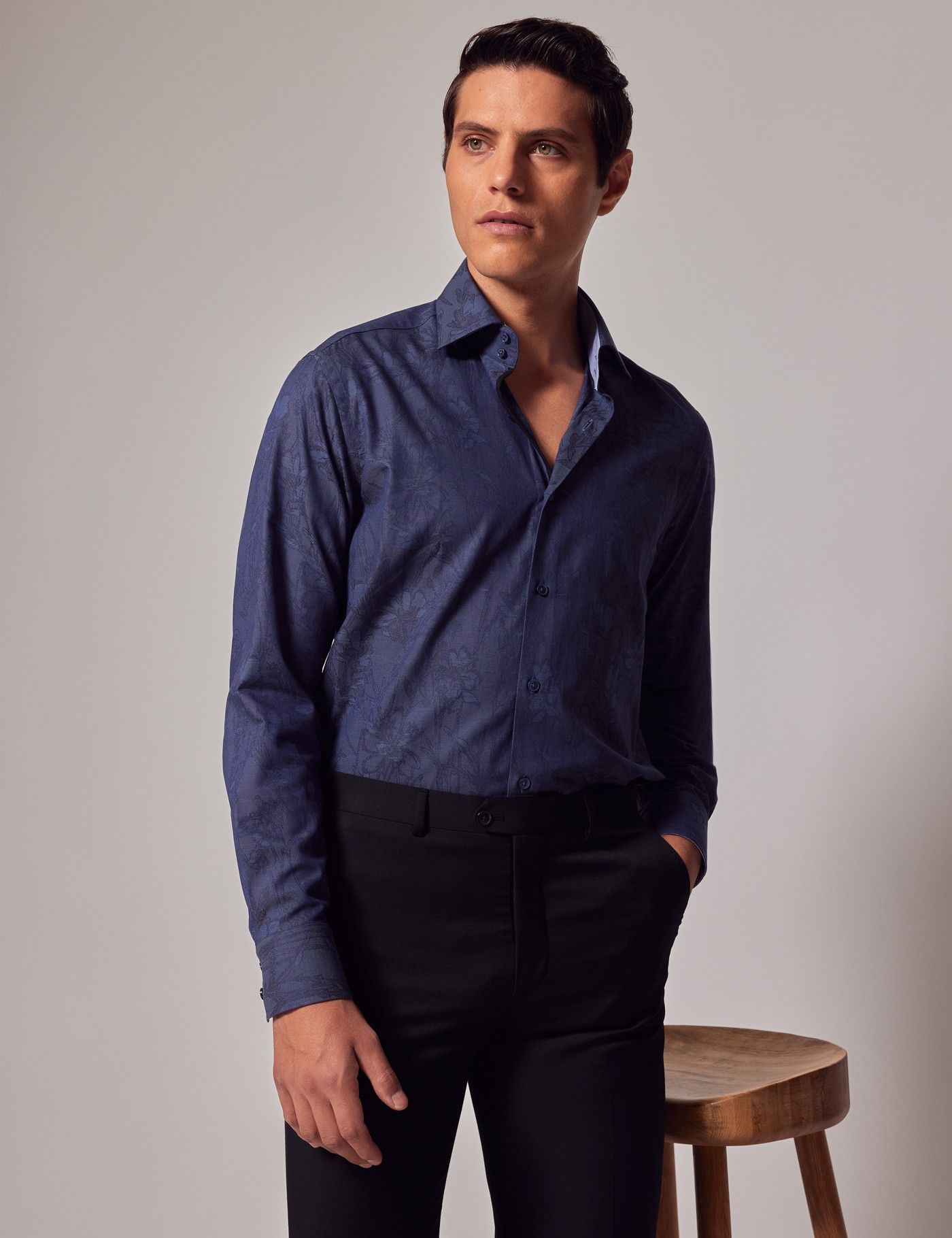 Blue Floral Jacquard Slim Shirt - Mid-Collar