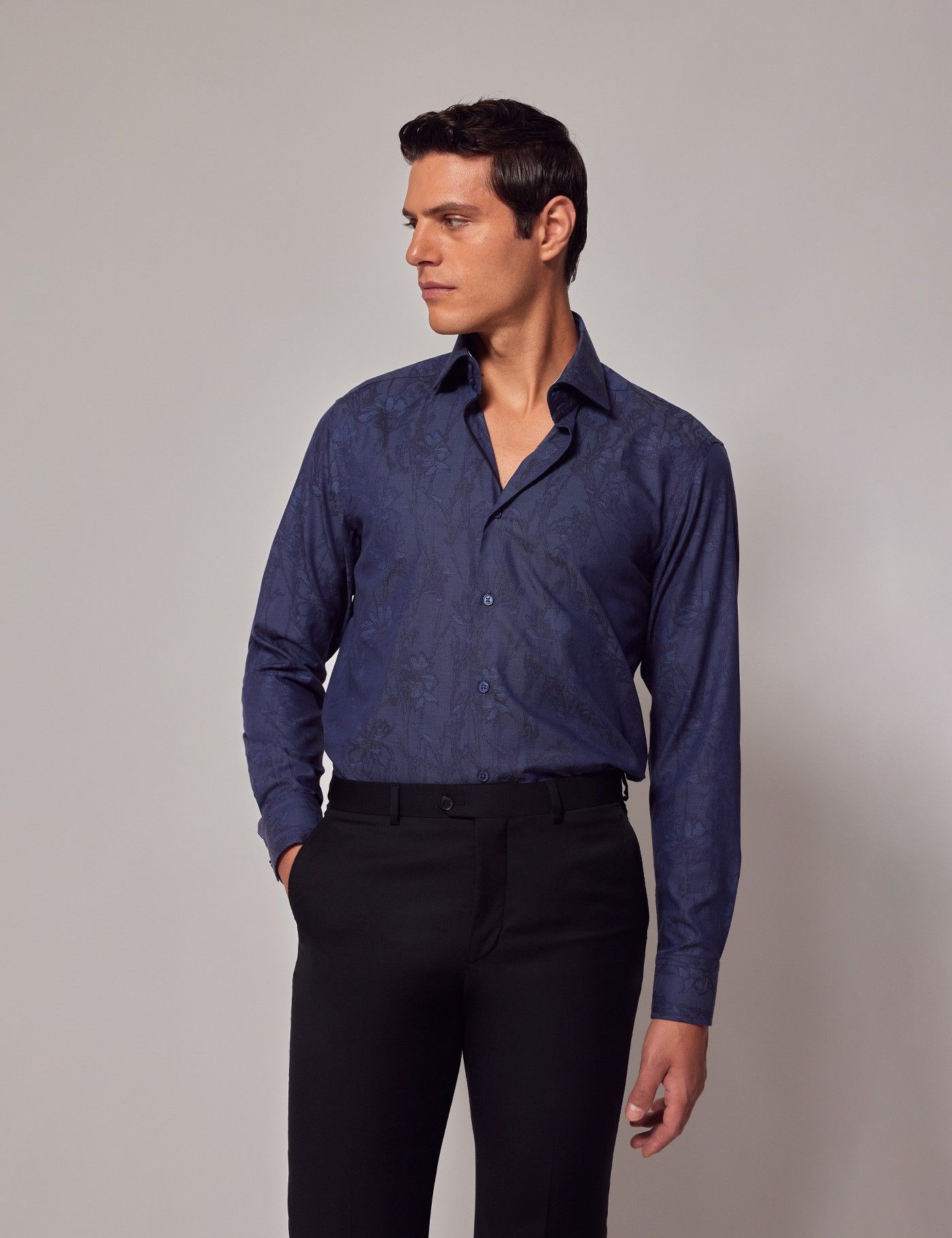 Blue Floral Jacquard Slim Shirt - Mid-Collar-preview