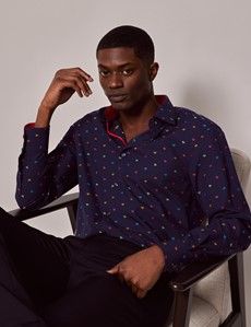 Navy & Yellow Dobby Palm Tree Slim Shirt
