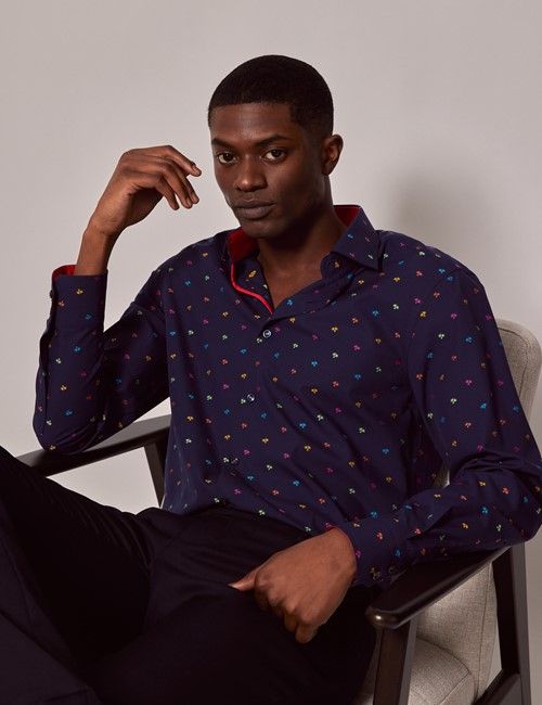Navy & Yellow Dobby Palm Tree Slim Shirt