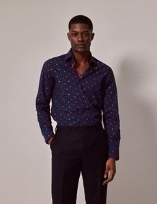 Navy & Yellow Dobby Palm Tree Slim Shirt-preview2