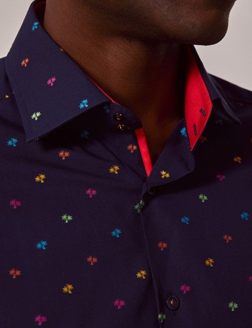 Navy & Yellow Dobby Palm Tree Slim Shirt-preview