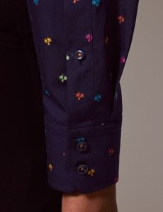 Navy & Yellow Dobby Palm Tree Slim Shirt-preview3