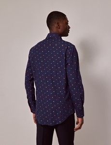 Navy & Yellow Dobby Palm Tree Slim Shirt-preview4
