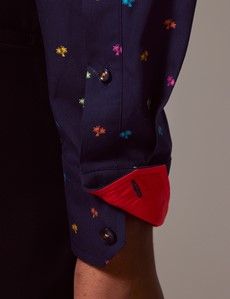 Navy & Yellow Dobby Palm Tree Slim Shirt-preview5