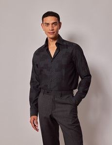 Black & Grey Geometric Jacquard Slim Shirt - Mid-Collar