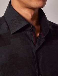 Black & Grey Geometric Jacquard Slim Shirt - Mid-Collar-preview1