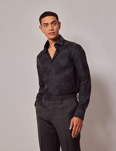 Black & Grey Geometric Jacquard Slim Shirt - Mid-Collar-preview2