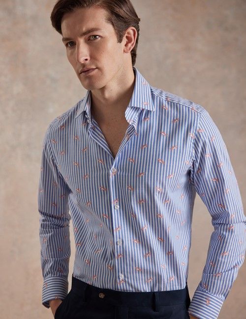 Blue & White Dobby Shark Stripe Slim Curtis Shirt - Mid-Collar