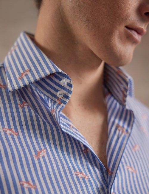 Blue & White Dobby Shark Stripe Slim Curtis Shirt - Mid-Collar-preview