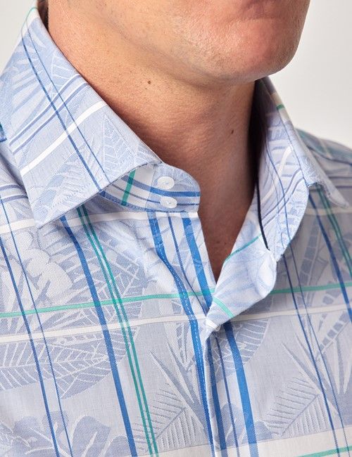 Blue & Green Jungle Leaf Check Slim Curtis Shirt - Mid-Collar-preview