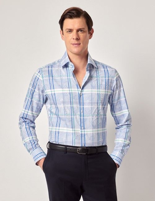 Blue & Green Jungle Leaf Check Slim Curtis Shirt - Mid-Collar