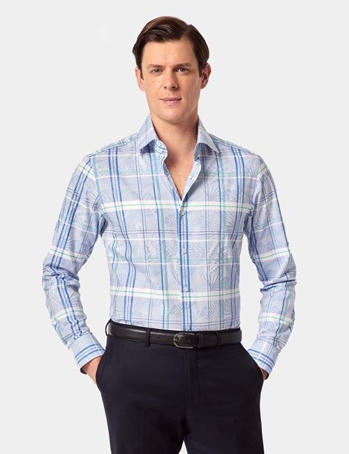 Blue & Green Jungle Leaf Check Slim Curtis Shirt - Mid-Collar