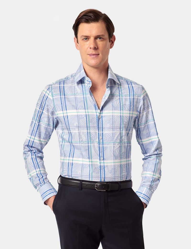 Slim Fit Blue & Green Jungle Leaf Plaid Curtis Shirt