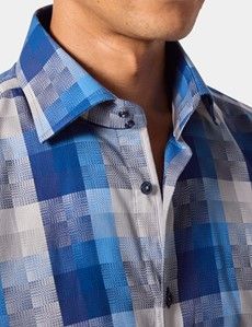 Slim Fit Blue & Grey Jacquard Check Curtis Shirt