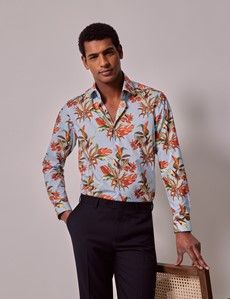 Blue & Orange Botanical Floral Slim Shirt - Mid-Collar