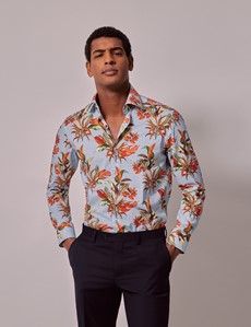Blue & Orange Botanical Floral Slim Shirt - Mid-Collar-preview2