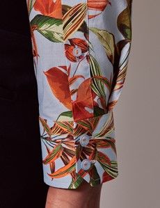 Blue & Orange Botanical Floral Slim Shirt - Mid-Collar-preview3