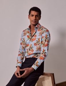 Blue & Orange Botanical Floral Slim Shirt - Mid-Collar-preview5