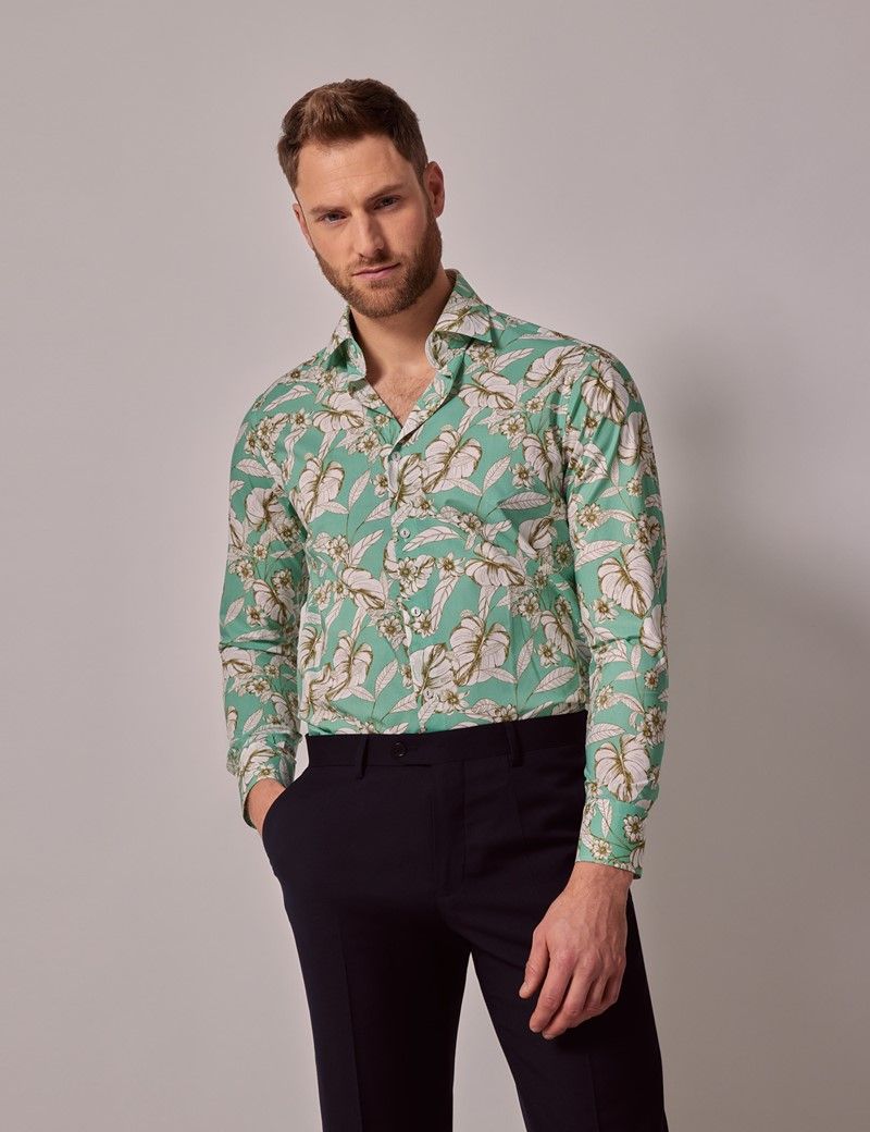 Slim Fit Green & White Tropical Curtis Shirt
