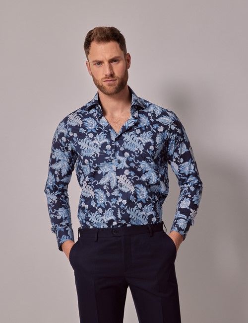 Navy & Blue Modern Paisley Slim Shirt - Mid-Collar