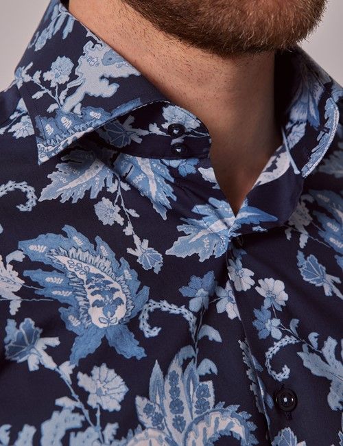 Navy & Blue Modern Paisley Slim Shirt - Mid-Collar-preview