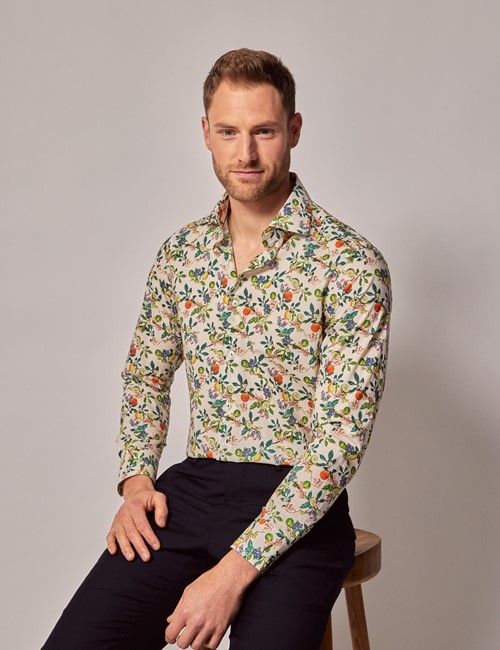 Cream & Green Botanical Fruits Slim Shirt - Mid-Collar