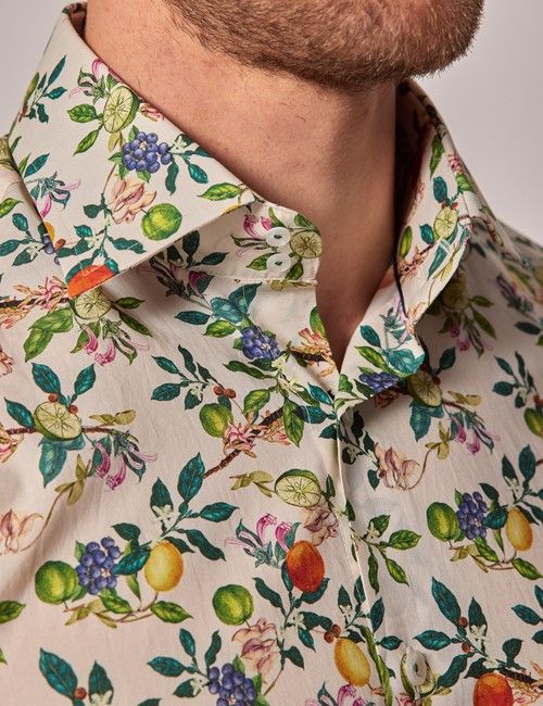 Cream & Green Botanical Fruits Slim Shirt - Mid-Collar-preview