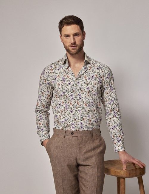Cream & Green Botanical Slim Shirt - Mid-Collar