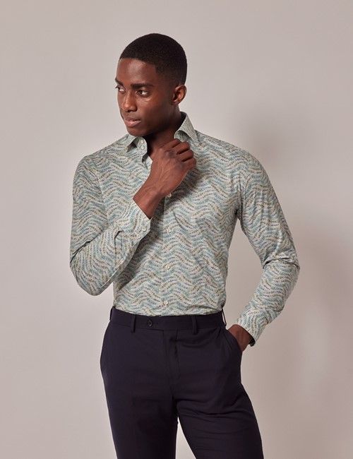 Green & Cream Paisley Slim Curtis Shirt - Mid-Collar