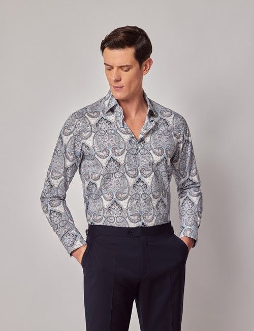 Blue & White Royal Paisley Slim Curtis Shirt - Mid-Collar