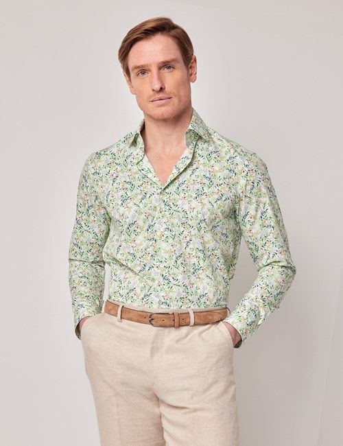 Green & White Watercolour Floral Slim Curtis Shirt - Mid-Collar