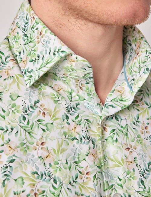 Green & White Watercolour Floral Slim Curtis Shirt - Mid-Collar-preview