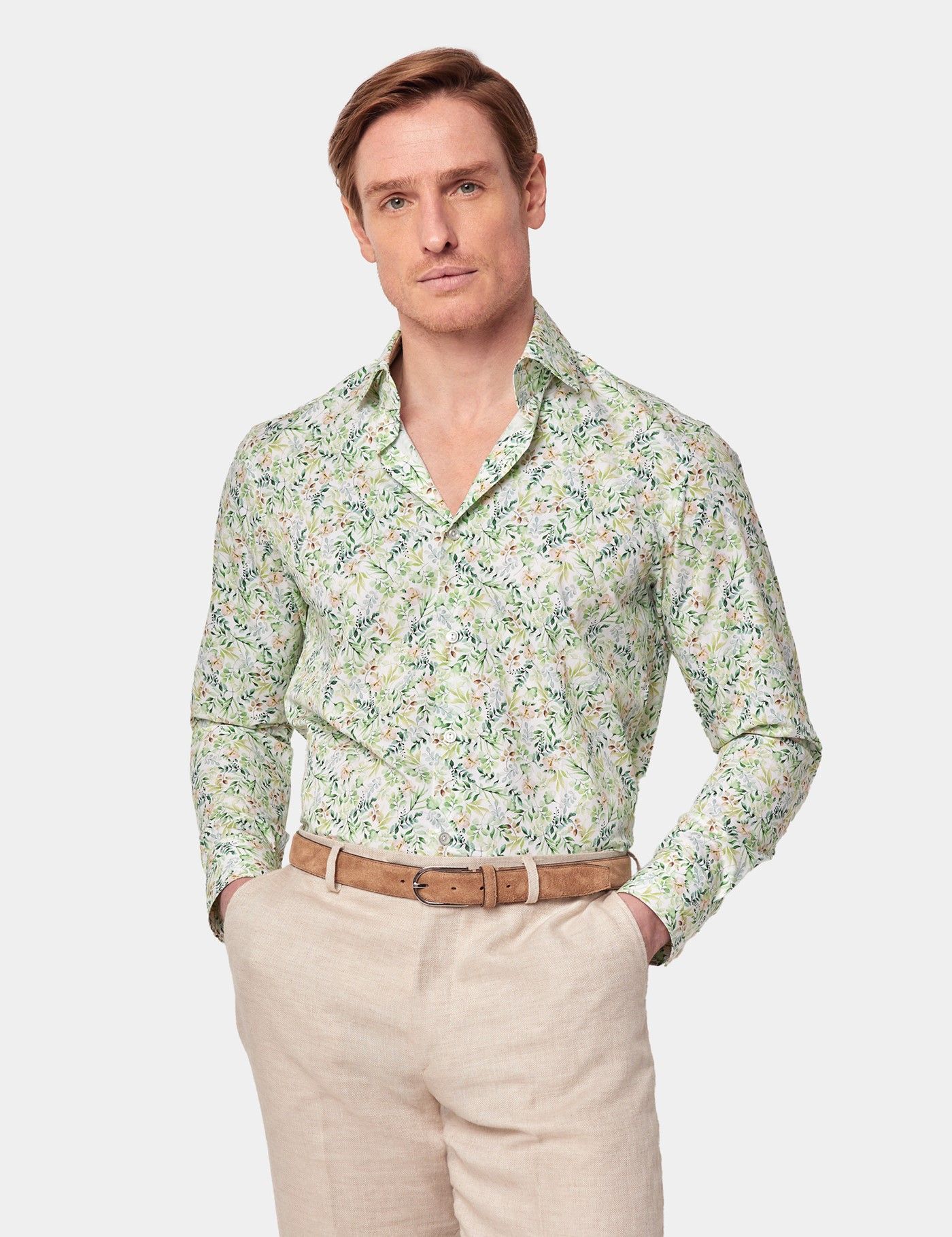Men's Green & White Watercolour Floral Slim Shirt - Mid-Collar | Hawes ...