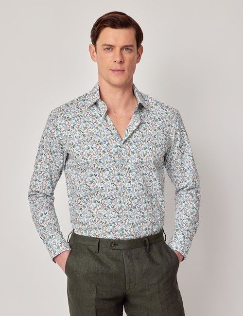 Cream & Blue Floral Slim Curtis Shirt - Mid-Collar