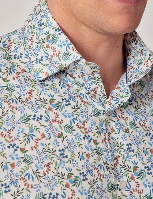 Cream & Blue Floral Slim Curtis Shirt - Mid-Collar-preview