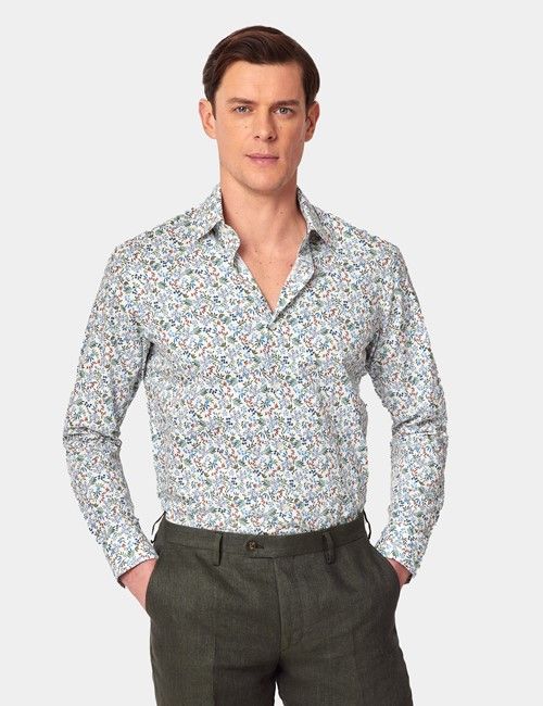 Cream & Blue Floral Slim Curtis Shirt - Mid-Collar