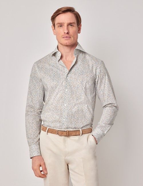 Cream & Green Ditsy Floral Slim Curtis Shirt - Mid-Collar