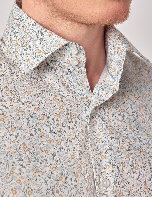 Cream & Green Ditsy Floral Slim Curtis Shirt - Mid-Collar-preview