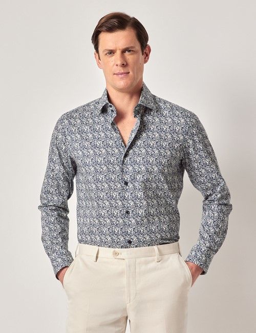 Navy & Cream Mini Bird Slim Curtis Shirt - Mid-Collar