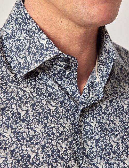 Navy & Cream Mini Bird Slim Curtis Shirt - Mid-Collar-preview