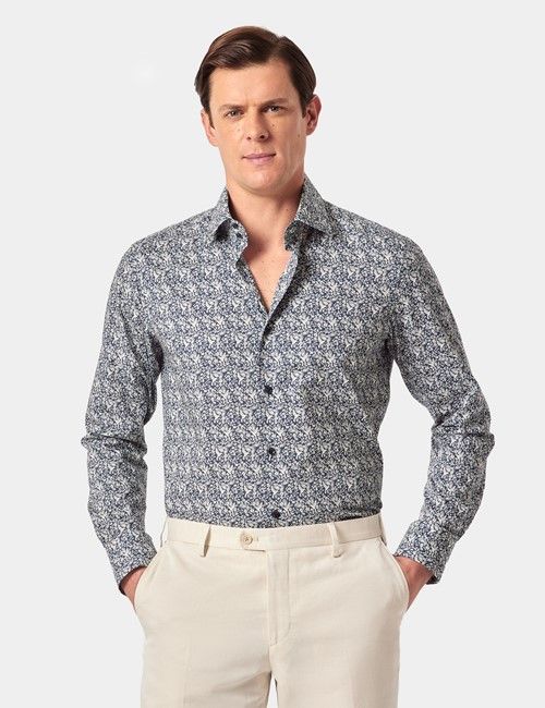 Navy & Cream Mini Bird Slim Curtis Shirt - Mid-Collar
