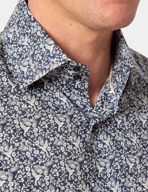 Navy & Cream Mini Bird Slim Curtis Shirt - Mid-Collar-preview